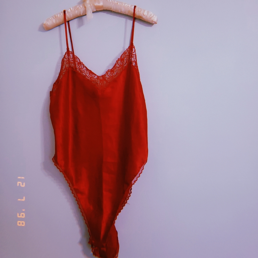 Victoria's Secret Vintage Lingerie Red Lace Trim Bodysuit